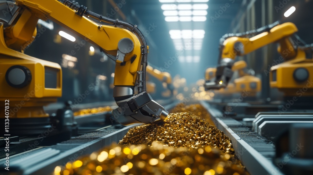 Poster Advanced robotic arms are meticulously sorting and processing a mound of sparkling gemstones in a high-tech industrial setting. The well-lit environment enhances the vibrant colors of the gems.