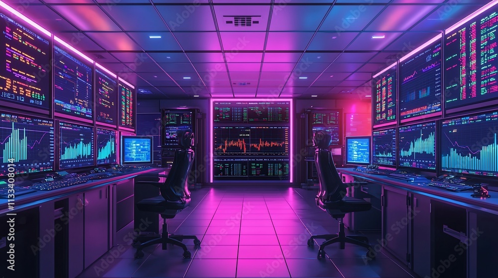Poster neon-lit trading room with multiple monitors displaying stock market data.