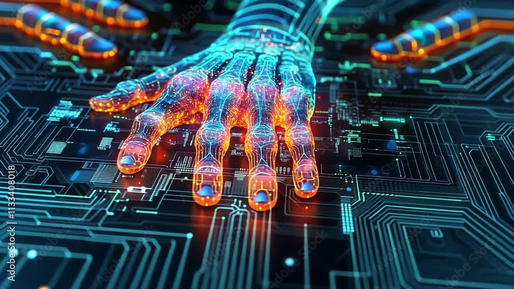 Poster exploration of artificial intelligence interacting with advanced circuitry in futuristic setting
