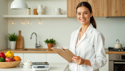 Mature female nutritionist with clipboard in kitchen