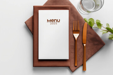 Restaurant menu mockup, blank sheet with space for text, for cafe, restaurant advertising, with cutlery, golden fork and knife on brown tablecloth mocha mayss color 2025, flat background,
