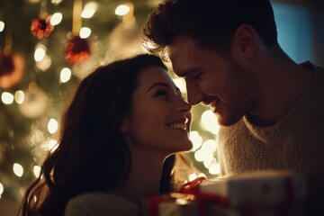 Couple smiling and holding Christmas gifts while standing in front of a beautifully lit Christmas tree