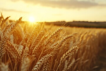 Naklejka premium Sunset illuminates a golden wheat field in early evening bloom during harvest season