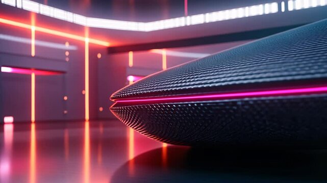 Futuristic hovercraft with neon lights gliding in sleek interior environment