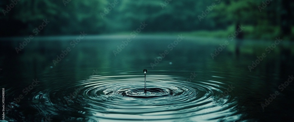 Poster A serene water droplet creating ripples in a calm forest lake.
