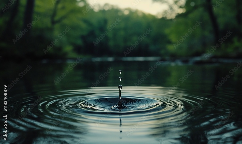 Poster A serene water droplet creating ripples in a calm forested setting.