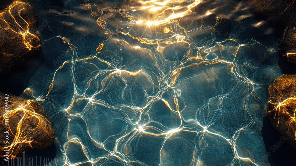 Poster a serene view of shimmering water with light reflections and smooth rocks.