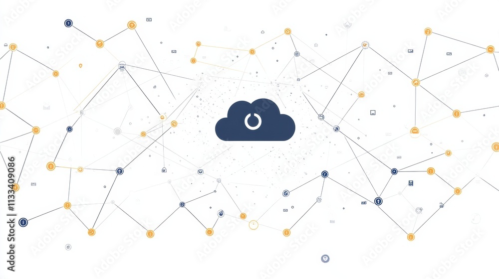 Poster center cloud symbol represents cloud services amidst a network of interconnected nodes, providing an