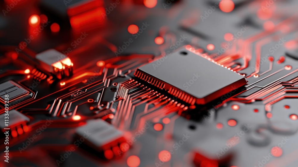 Aufkleber close-up of a computer chip on a circuit board with red lighting.
