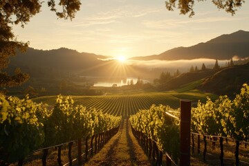 Fototapeta premium Sunrise over vineyard landscape with rolling hills and misty lake in the background