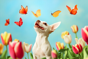 A cheerful dog enjoys a vibrant spring day amidst butterflies and blooming tulips