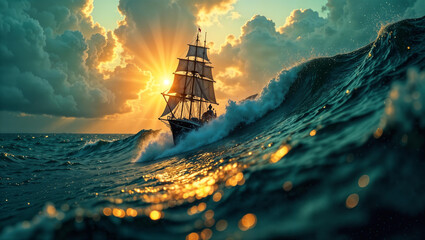 Obraz premium a large sailing ship sailing in bad weather during a storm on high waves of a rough sea or ocean