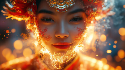 Magical portrait of a Asian woman with fiery glow and ornate headdress. Chinese New Year