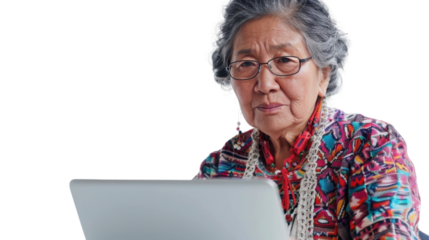 Mexican senior female Employee IT specialist sit at work with laptop on white background