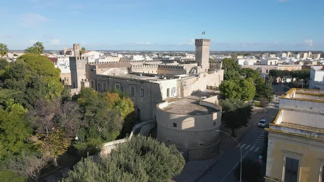 Aerial drone view of the old castle in the historical town of Nardo in Puglia, southern Italy.