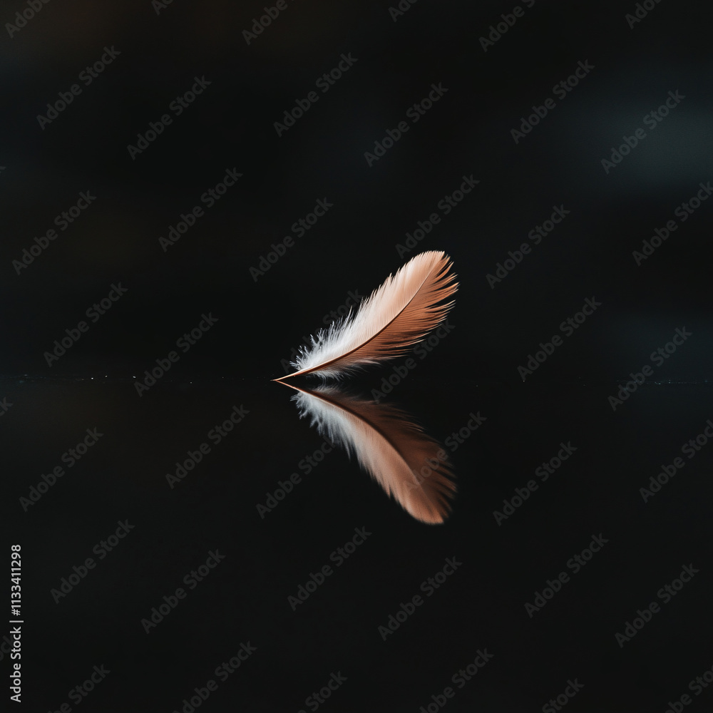 Poster a single, delicate feather rests on a dark, reflective surface, its reflection creating a mirrored i