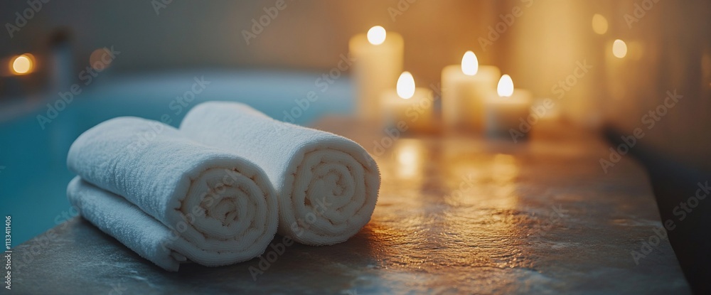 Poster cozy spa setting with rolled towels and glowing candles for relaxation.