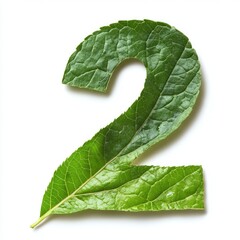 Number two shaped from a green leaf on white background.