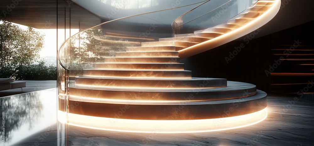 Poster Elegant spiral staircase illuminated with soft lighting in a modern setting.