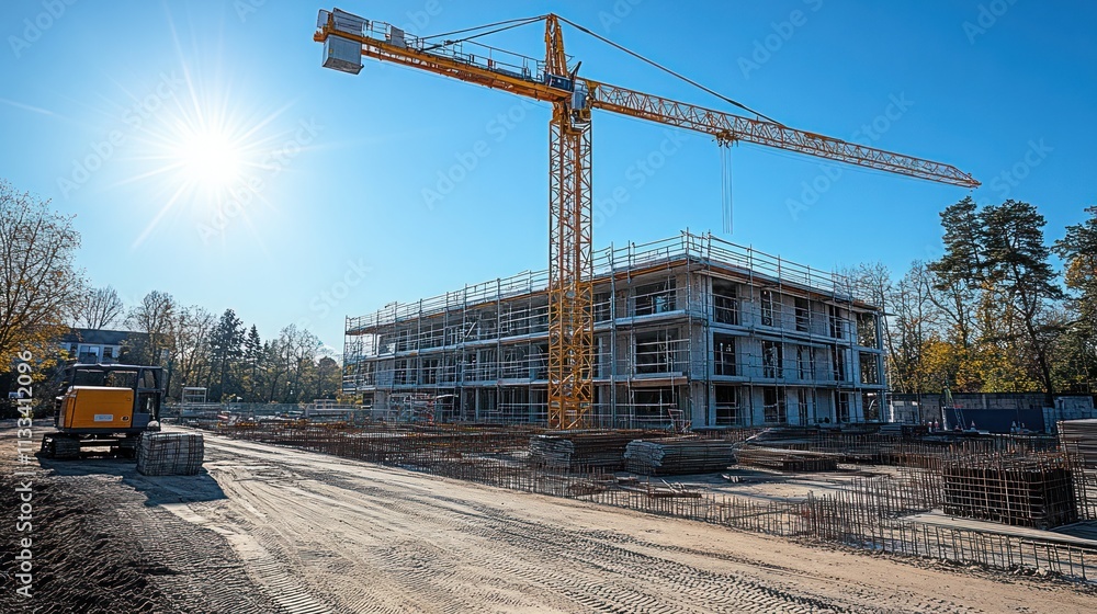 Poster construction site featuring a crane and a partially built building under a clear sky.