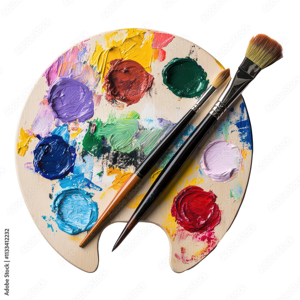Aufkleber artistic palette with colorful paints and paintbrushes on a clean transparent background for creativ