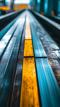 Abstract Industrial Background, Parallel Metal Stripes in Vivid Blue and Gold Hues