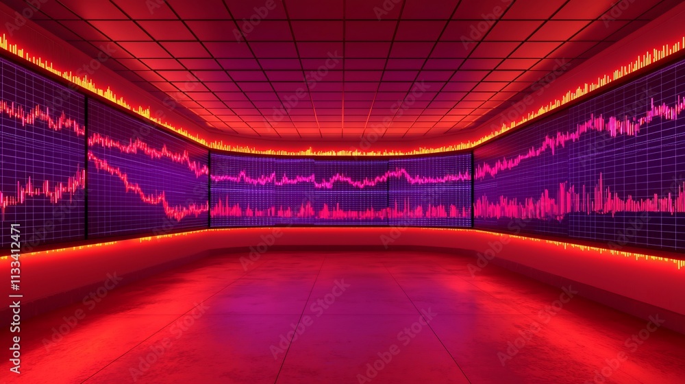 Poster stock data on screens in red-lit room.