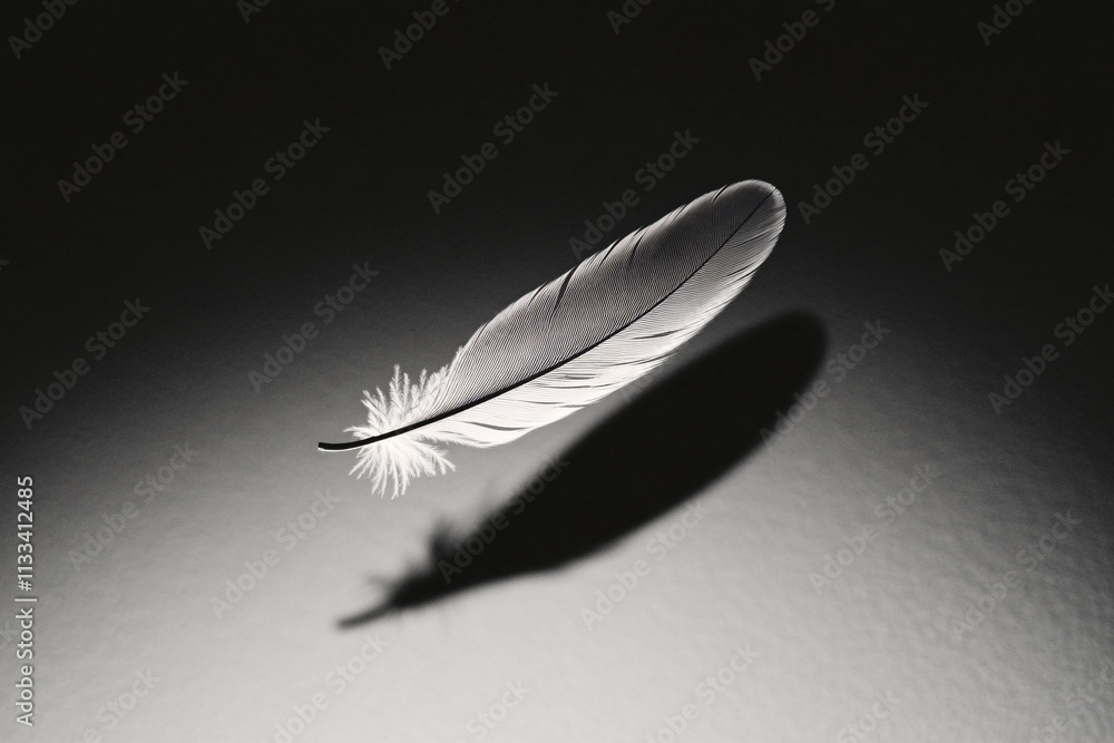 Poster a single, delicate feather floats in midair, casting a long shadow on a subtly textured surface. the