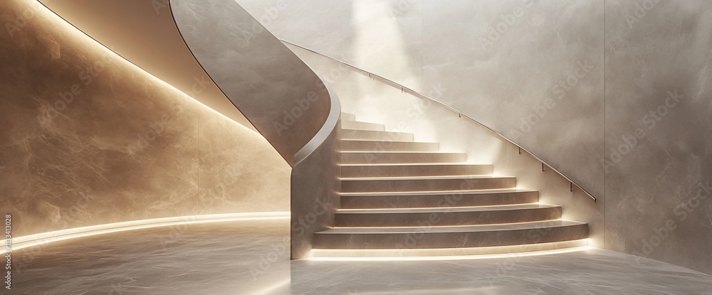 Poster Modern staircase with soft lighting and smooth textures in a minimalist space.