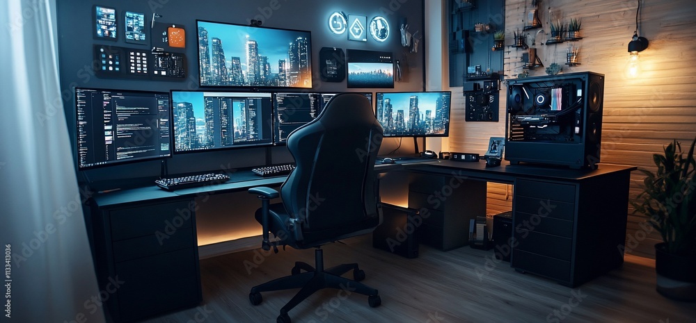 Poster Modern workspace featuring multiple monitors and gaming setup.