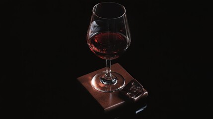Elegant close-up of a fine vintage port wine served in a crystal glass, showcasing deep ruby hues and rich texture, placed on a polished wooden base against a dark background.