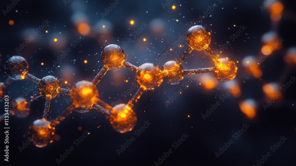 Poster abstract representation of molecular structures with glowing particles.