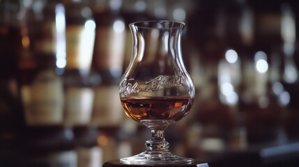 Elegant close-up of a fine vintage port wine served in a crystal glass, showcasing deep ruby hues and rich texture, placed on a polished wooden base against a dark background.