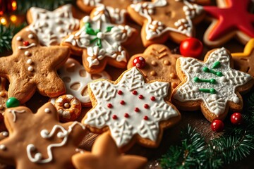 Obraz premium wooden table with a variety of christmas gingerbread cookies decorated white icing and red green decorations the are arranged in an aesthetically pleasing way some them overlapping each other col
