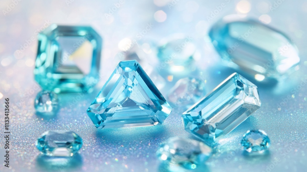 Poster Various blue gemstones of different shapes and sizes are arranged aesthetically on a sparkling background. The stones capture light, creating a dazzling effect and highlighting their unique features.