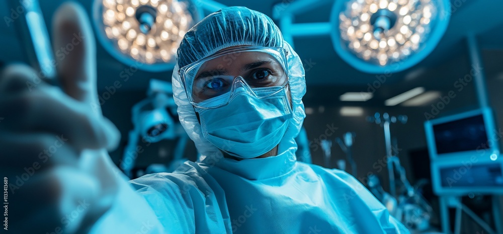 Poster surgeon in scrubs giving a thumbs-up in an operating room.