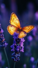 Obraz premium A vibrant butterfly perched on a lavender flower, showcasing nature's beauty.