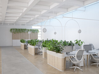 Sleek, modern office space with natural light and greenery.