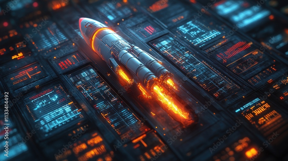 Poster a futuristic rocket poised for launch against a backdrop of glowing technological interfaces.