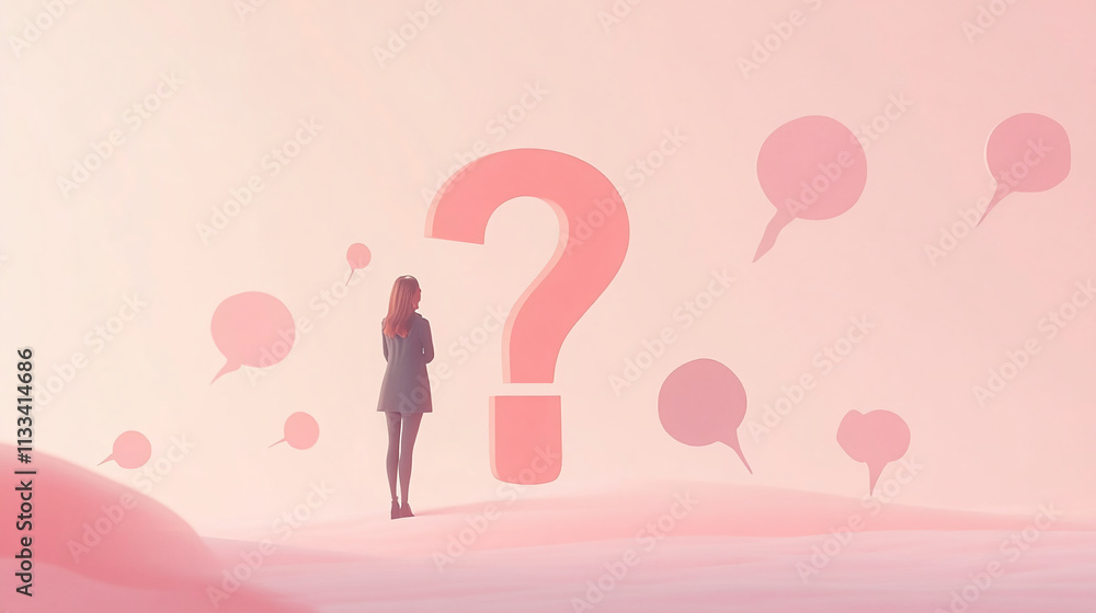 Poster Woman contemplating choices with question mark and dialogue bubbles in abstract pink background