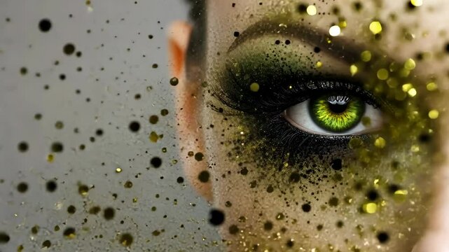 Captivating eye transformation with glitter and green shadow in dynamic sequence