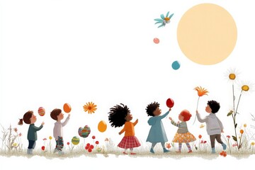 Fototapeta premium Children joyfully celebrate a bright sunny day outdoors, playing with colorful balloons and flowers in a vibrant setting