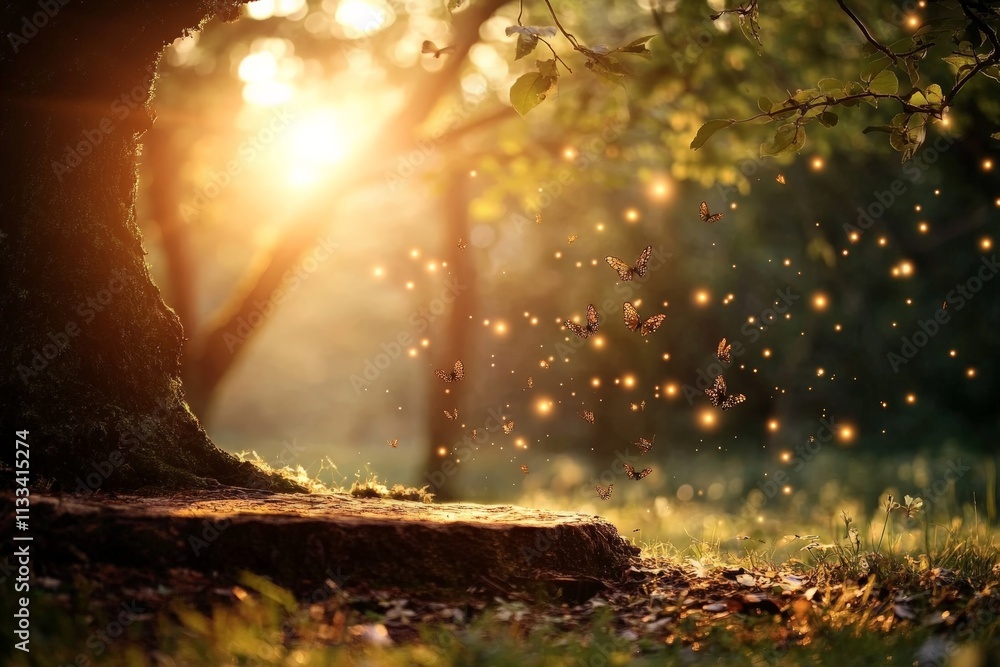 Aufkleber sunlight filters through trees illuminating butterflies and sparkles in a tranquil forest setting du