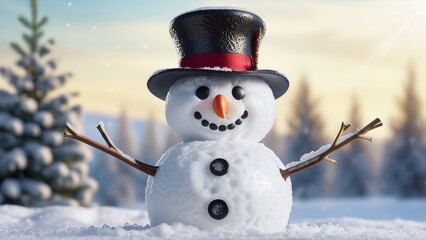 Obraz premium a snowman in a hat stands in a snowy forest