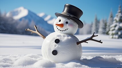 Fototapeta premium a snowman in a hat stands in a snowy forest