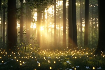 Obraz premium Magical forest filled with glowing fireflies at sunset near tranquil trees and soft grass