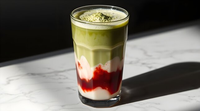 Iced strawberry matcha latte on marble countertop, large space for copy