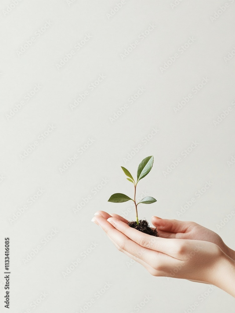 Aufkleber Hands cradling a small seedling in soil, emphasizing the connection between nature and nurturing during a tranquil moment of growth. Generative AI