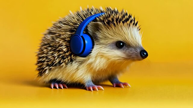 Hedgehog enjoying music with headphones against yellow background