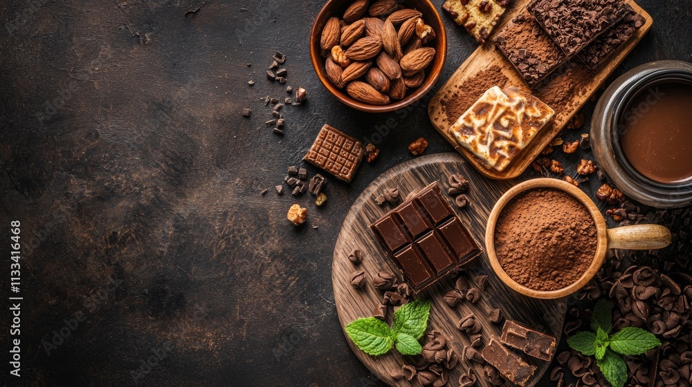 Poster assorted chocolates and cocoa with nuts on dark textured background
